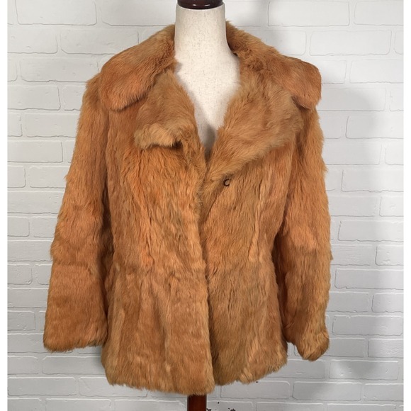 REAL Rabbit Fur Jacket Women S Orange Lined Collar Hooks Coat Korea 70s Vintage‎ - Picture 1 of 13